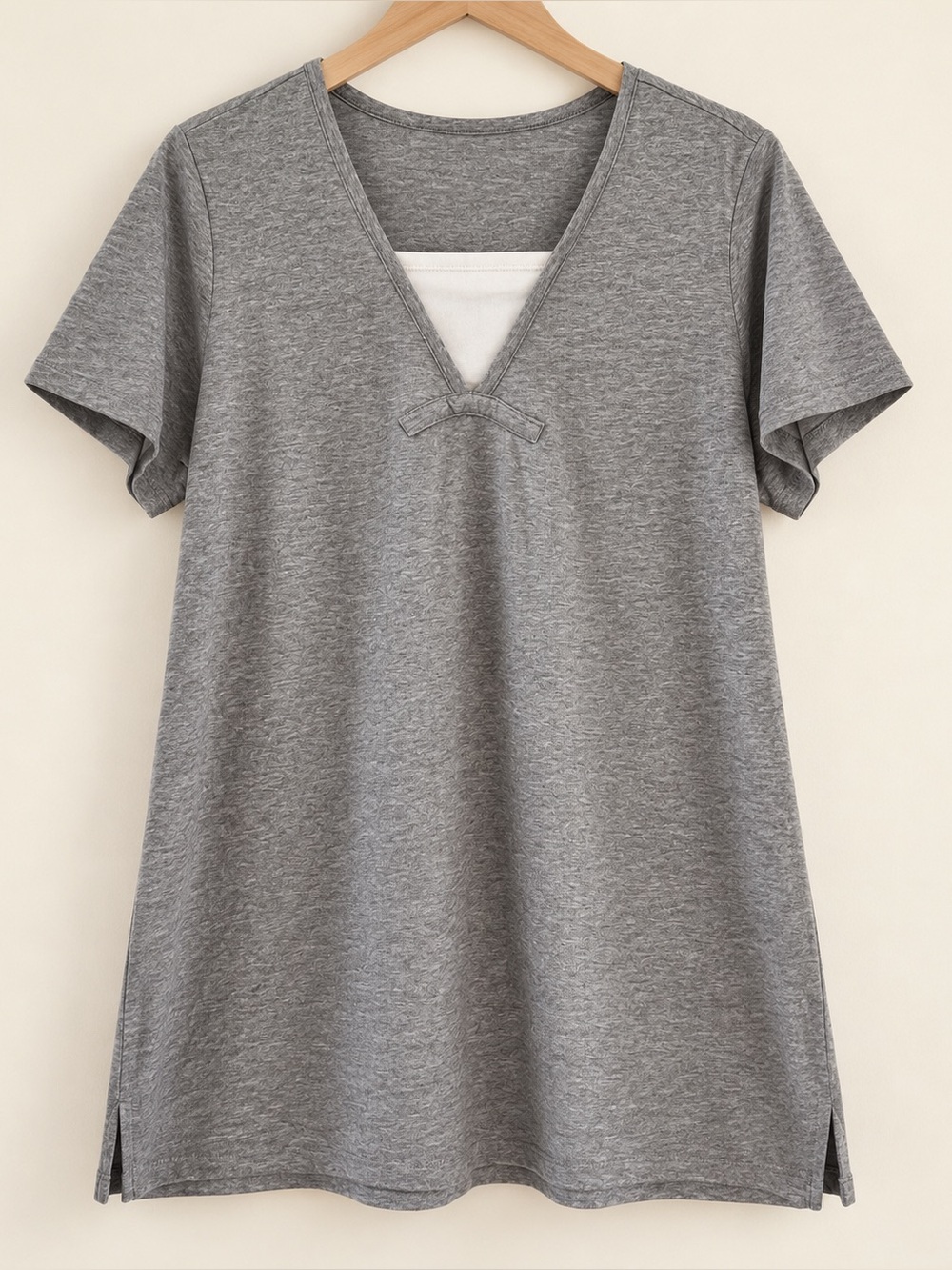 Denim & Co Gray V-Neck Tunic T-Shirt Top Casual Weekend Twofer EUC L #2406